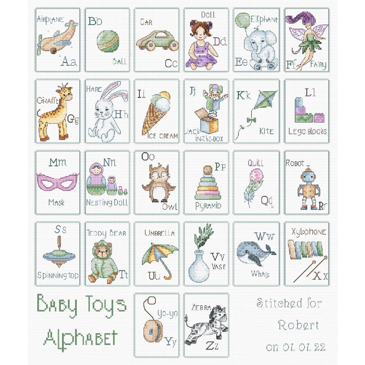 A grid of alphabet blocks shows baby toys, with each...