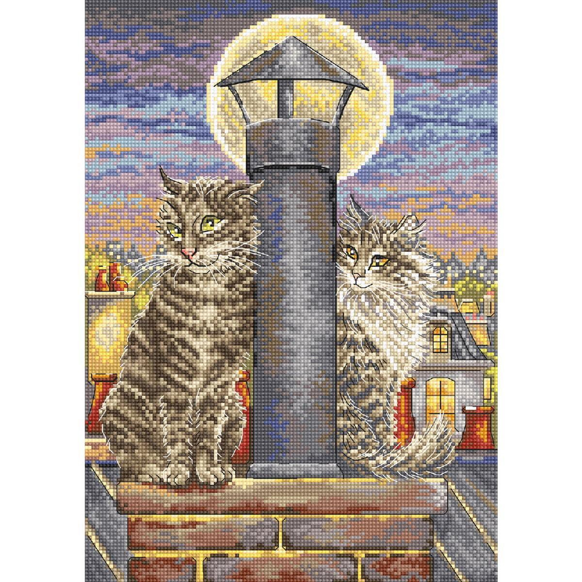 Illustrazione di due gatti seduti su un tetto al...