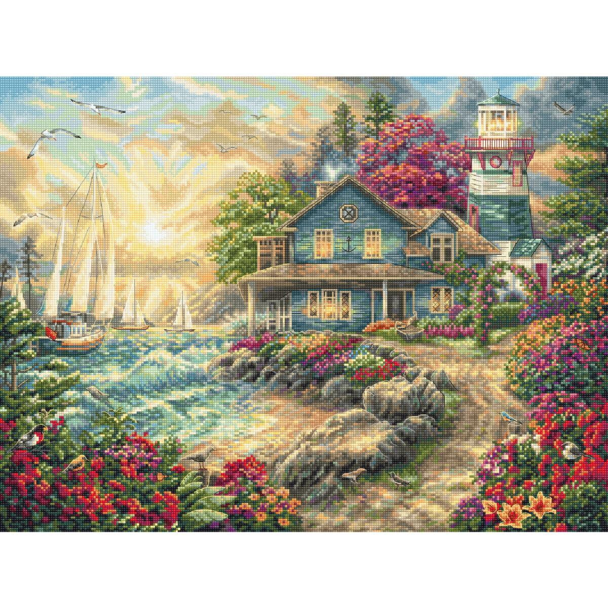 Яркий пейзаж с голубым домом и маяком на фоне красочного...