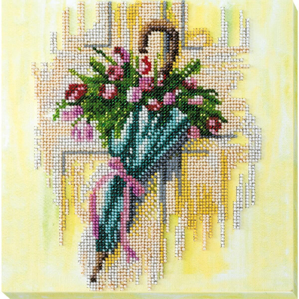 Kit au point perlé estampillé Abris Art "Parapluie et tulipes", 20x20cm, DIY