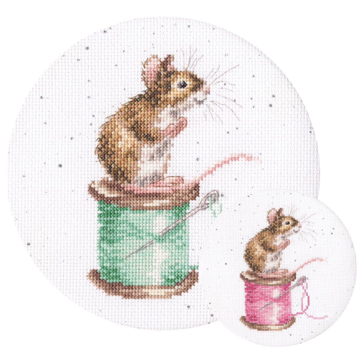 An embroidery kit with a small brown mouse sitting...