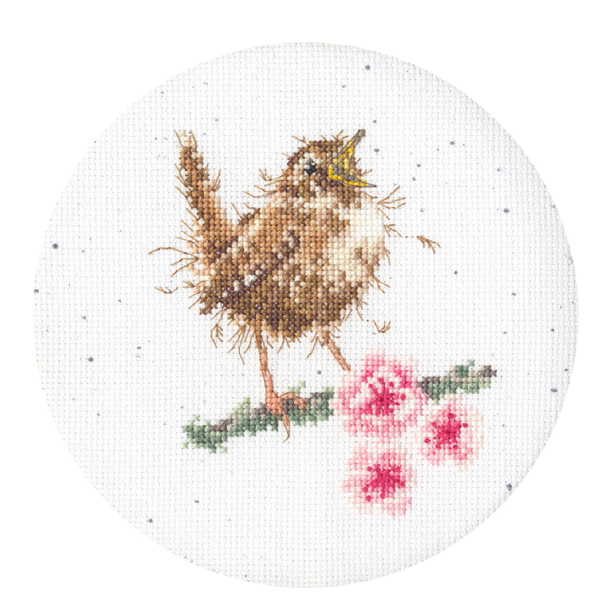Cross-stitch illustration of a small bird standing on a...