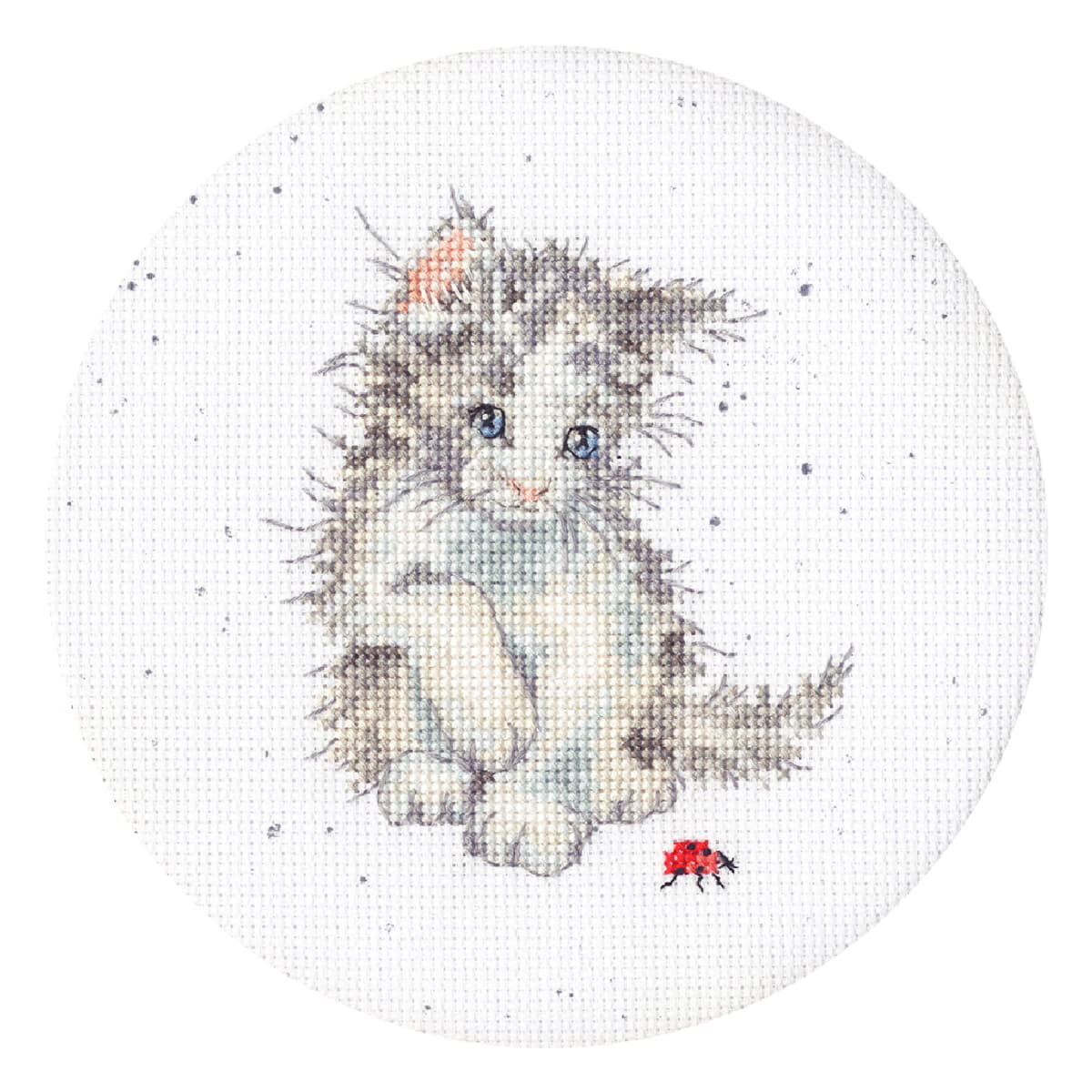 A detailed cross stitch of a fluffy, gray kitten with...
