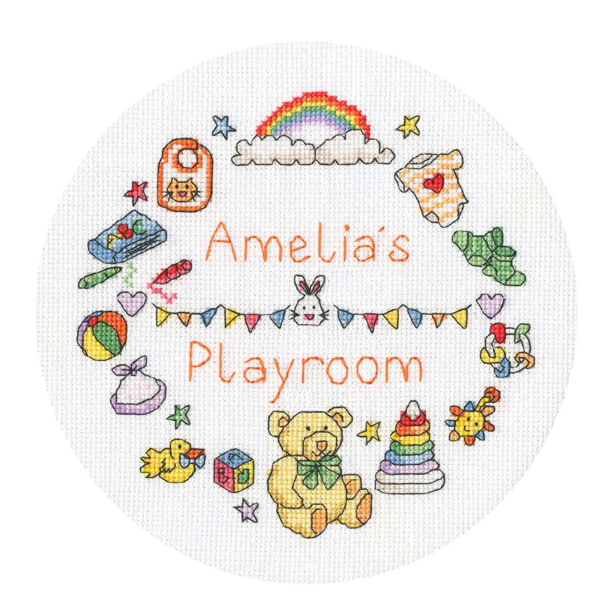 Amelias playroom is written in colorful letters on a...