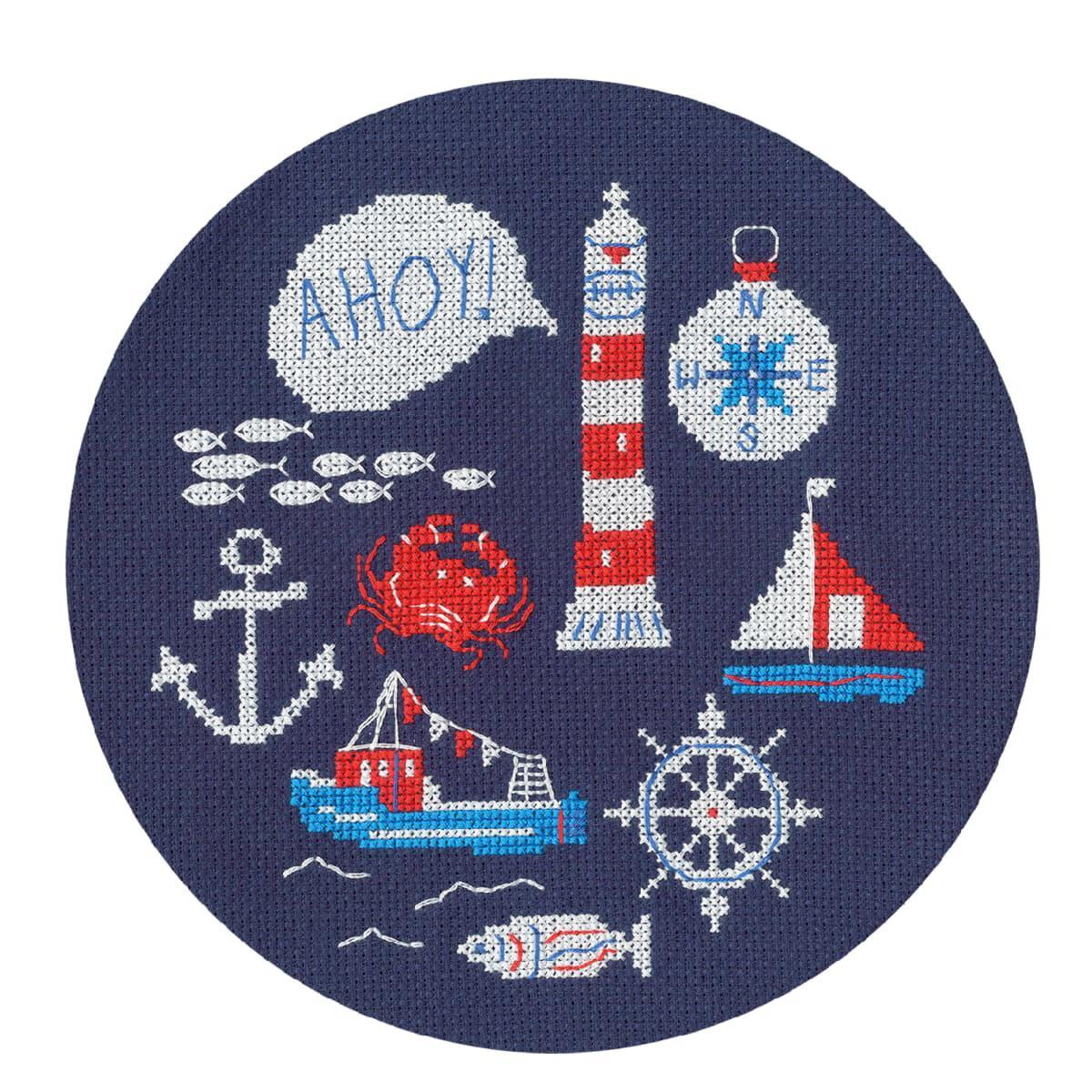 A round embroidery pack from Bothy Threads with nautical...