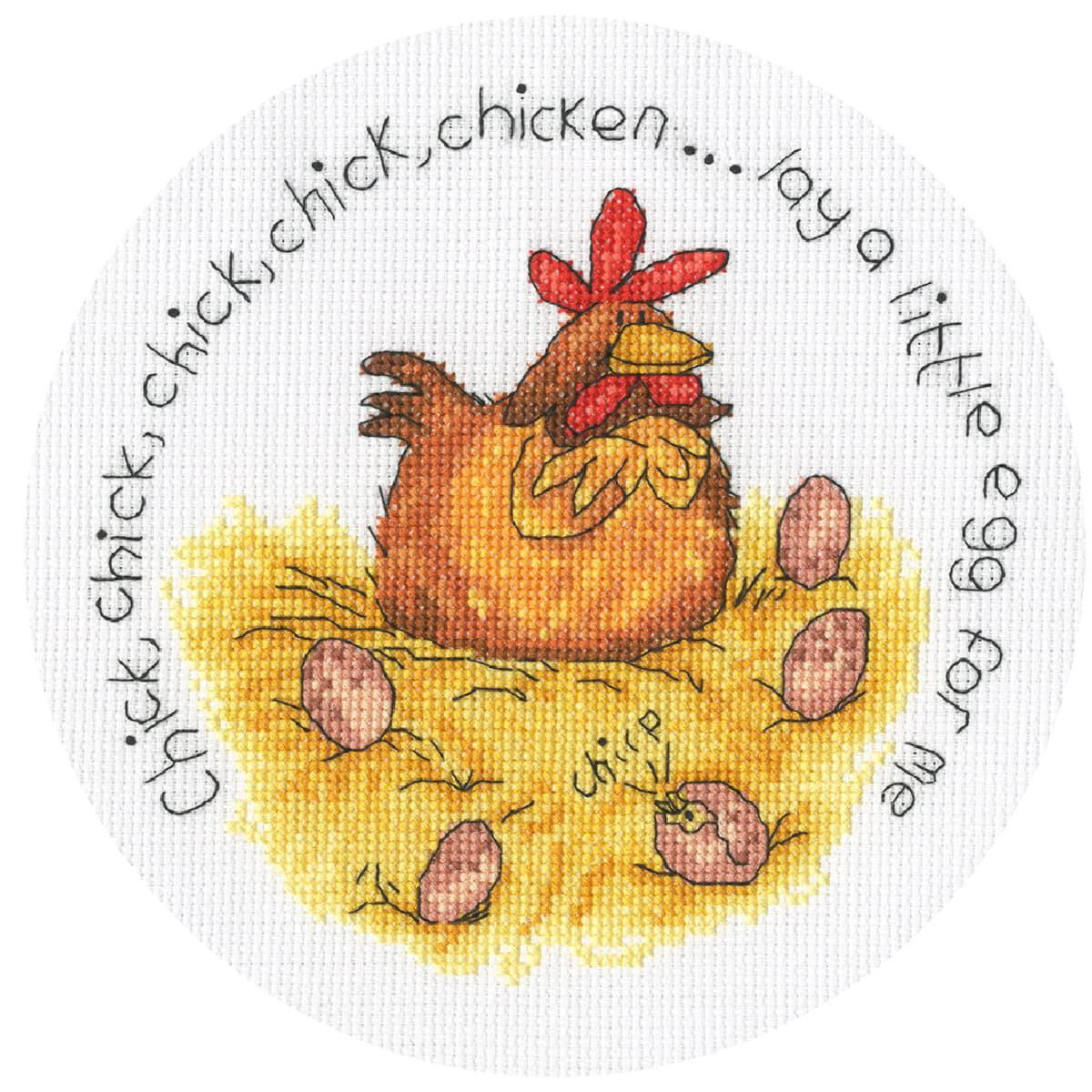 Illustratie van een kip zittend op een nest met vijf...