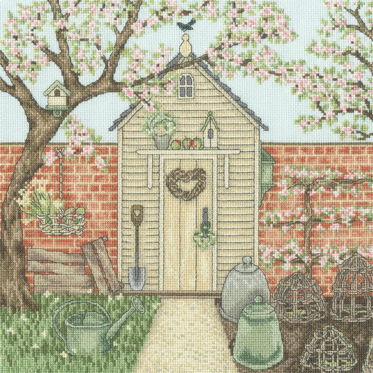 A picturesque wooden garden shed is decorated with spring...
