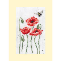 A charming Bothy Threads embroidery pack featuring three red poppies with green stems and leaves on a white background. A bee with yellow and black stripes hovers near the top right corner of the flowers. The edges of the image are framed by a light yellow border, adding a delicate touch to this beautiful embroidery set.