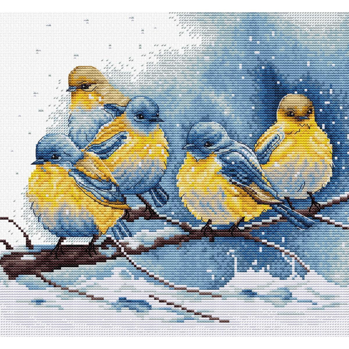 An embroidered picture shows five little birds with blue...