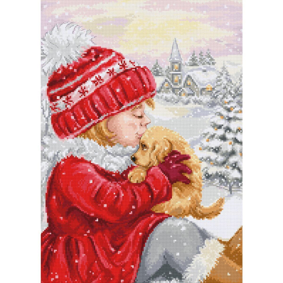 A young girl in a red coat and red and white bobble hat...