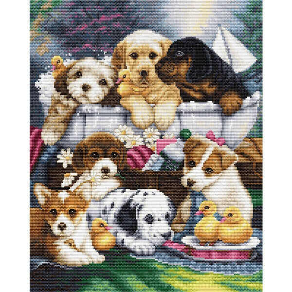 Luca-S borduurpakket "Badtijd puppies", geteld, DIY, 25x32cm