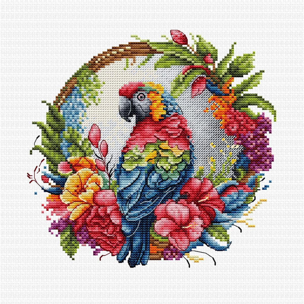 Elaborate cross-stitch embroidery of a colorful parrot...