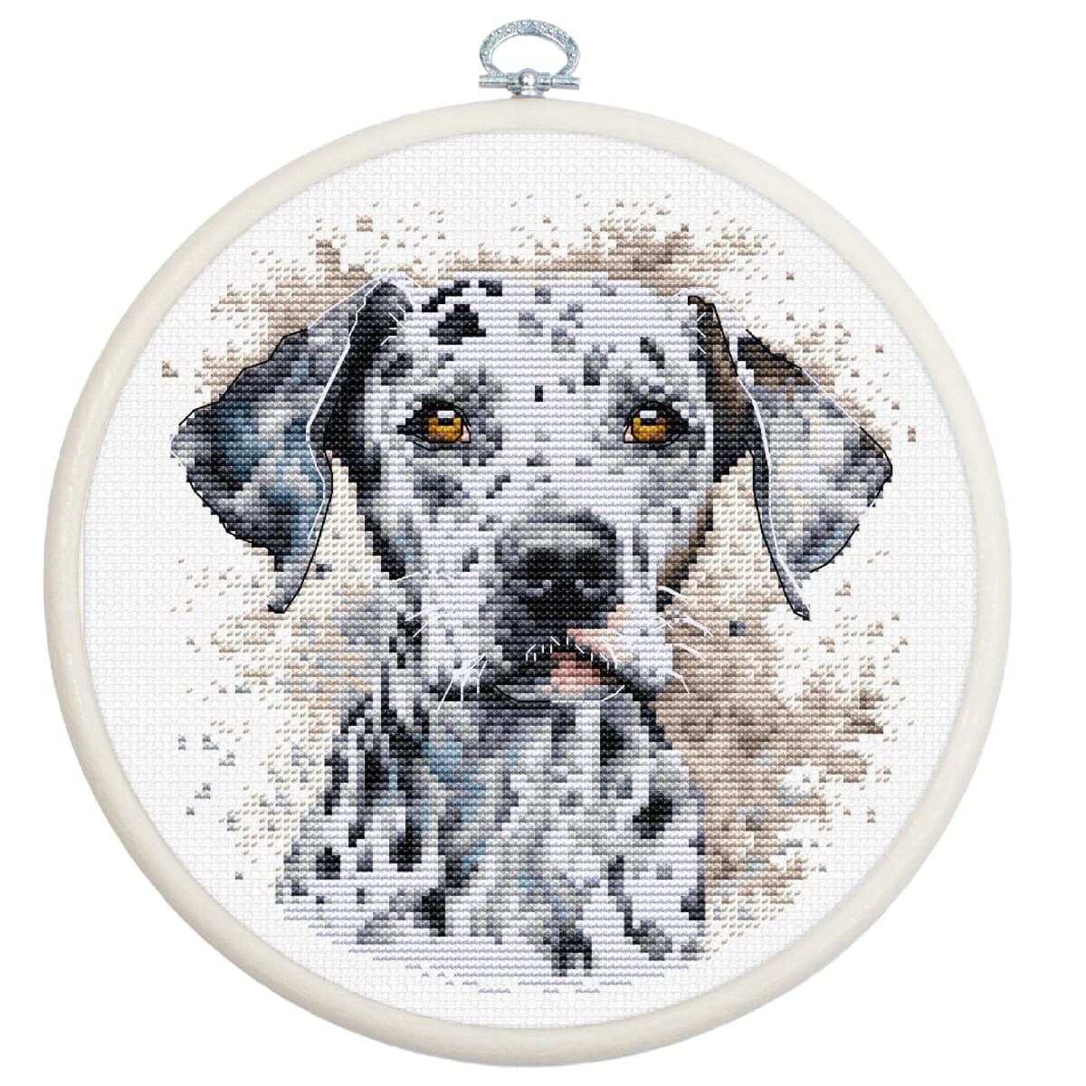 A round embroidery hoop holds a cross-stitch picture of a...