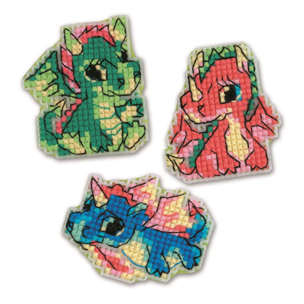 Riolis counted cross stitch kit "Magnets Little Dragons 3er Set", 7x5,5, 6x6,5, 6x6,5cm, DIY