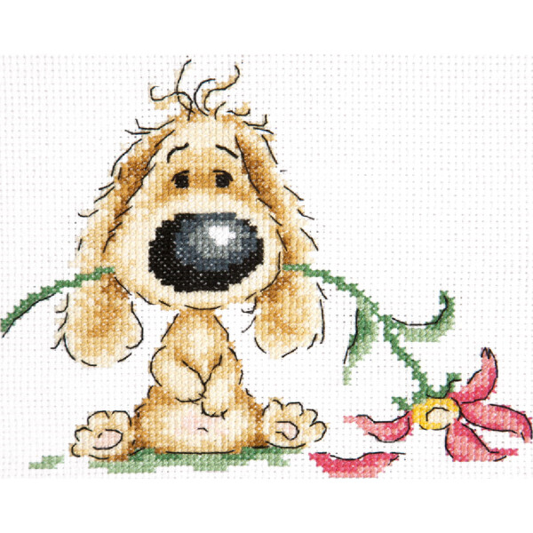 Magic Needle Zweigart Edition counted cross stitch kit "Puppy and Flower", 15x12cm, DIY