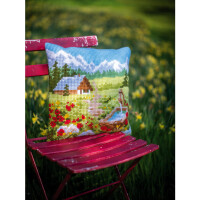 Vervaco stamped cross stitch kit cushion "Bergwiese mit Blumen und Haus", 40x40cm, DIY