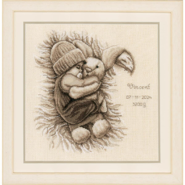 Vervaco counted cross stitch kit "Baby with cuddly bunny", 29x29cm, DIY