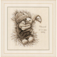 Vervaco counted cross stitch kit "Baby with cuddly bunny", 29x29cm, DIY