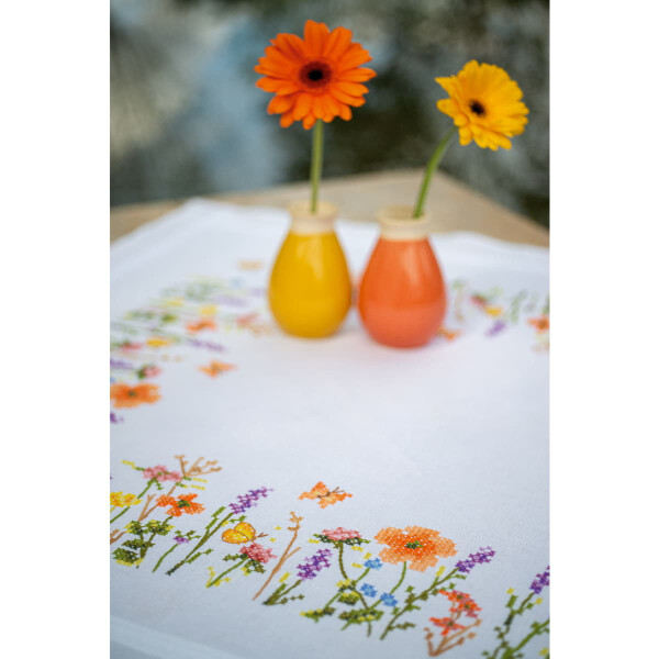 Vervaco stamped cross stitch kit tablechloth "Lavendel und Feldblumen", 80x80cm, DIY