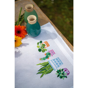 Vervaco stamped satin stitch kit tablechloth "Zimmerpflanzen", 40x100cm, DIY