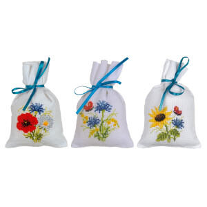 Vervaco bolsas de hierbas kit de punto de cruz contado "Flores de campo" Set de 3, 8x12cm, DIY