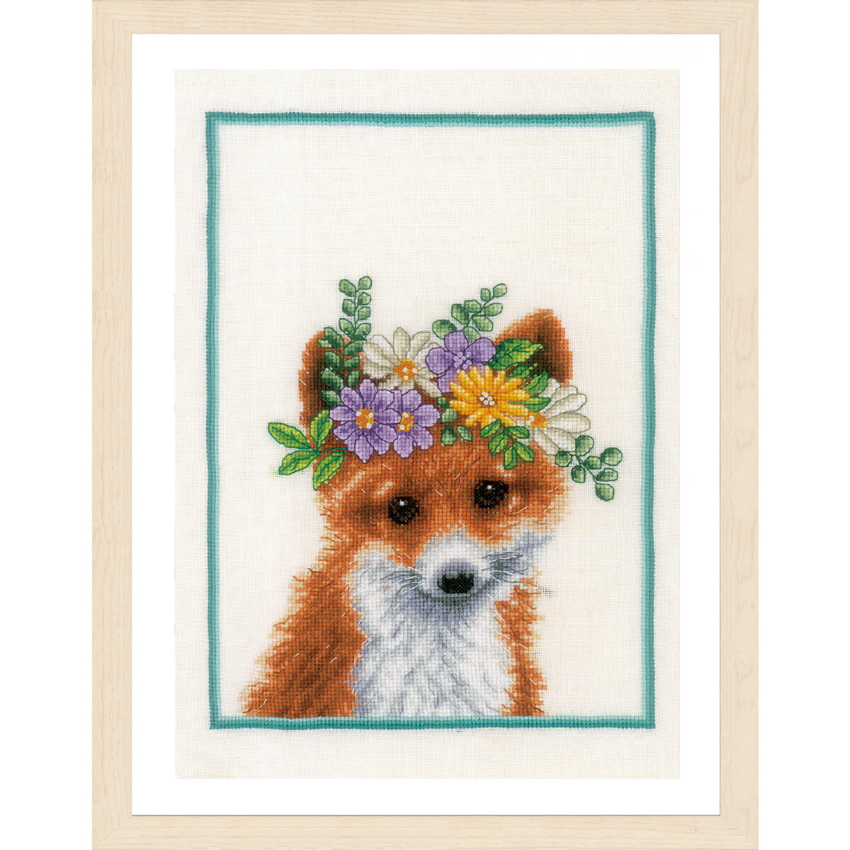 Cross-stitch picture of a fox with orange fur and a white...