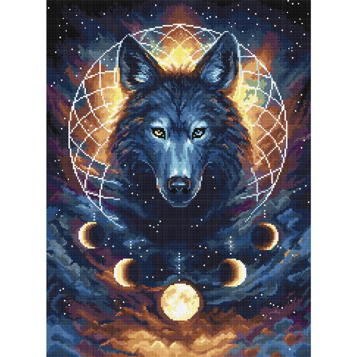 A vivid illustration of a wolf with blue fur and bright...