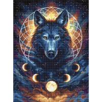 A vivid illustration of a wolf with blue fur and bright yellow eyes against a cosmic background. Moon phases are depicted in a circular pattern around the wolfs head. The scene, reminiscent of a Letistitch embroidery pack, is framed by stars, nebulae and an intricate geometric design behind the wolf.