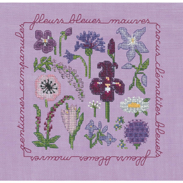 Le Bonheur des Dames borduurpakket "Paarse en blauwe bloemen", DIY, 13x14cm