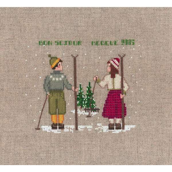 Le Bonheur des Dames borduurpakket "Twee Skiërs", DIY, 14x12cm