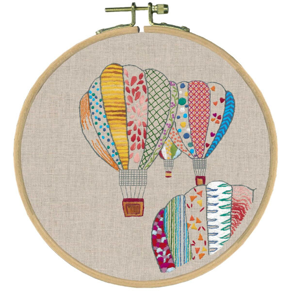 Kit de bordado Le Bonheur des Dames Freestyle "Hot air balloon colors", imagen impresa, diam. 15cm