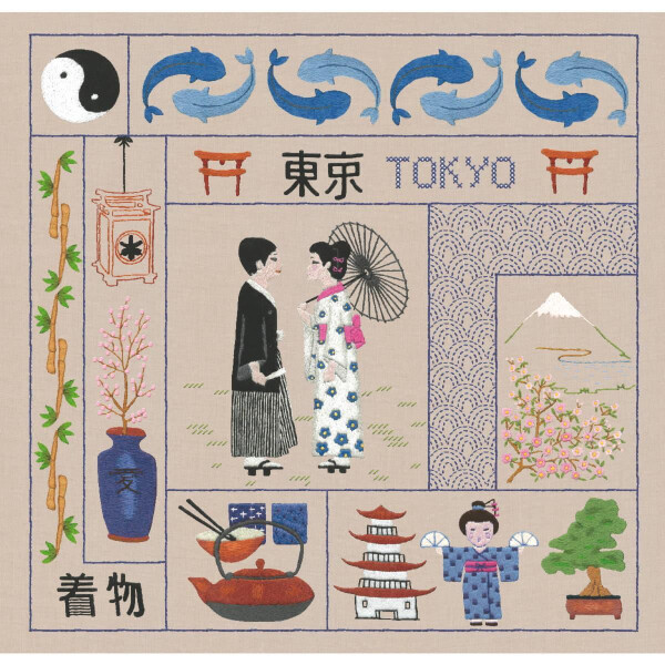 Le Bonheur des Dames Plattstich Stickpackung "Willkommen Tokio", Bild gedruckt, 22x22cm