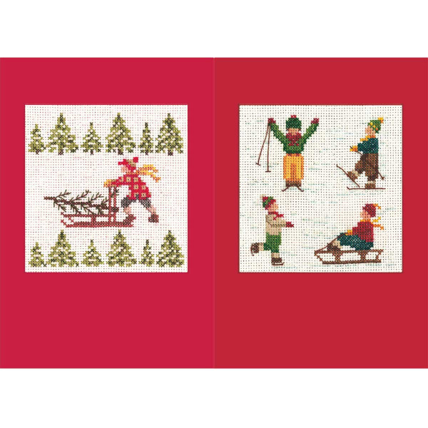 Le Bonheur des Dames Greeting cards set of 2 counted cross stitch kit "Skiers And Sledge", 10,5x15cm, DIY