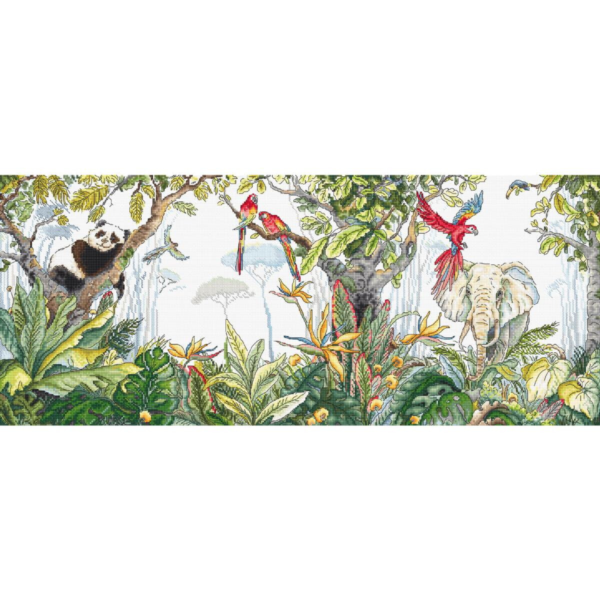 Illustration of a lively jungle scene. Lush, tropical...