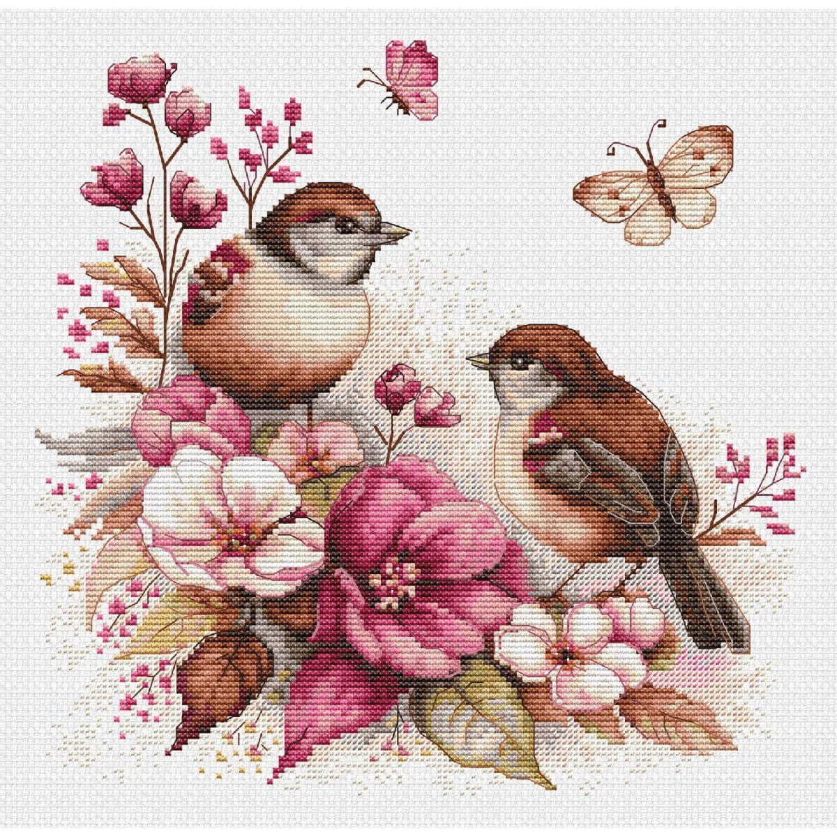 A delicate cross-stitch illustration shows two brown...