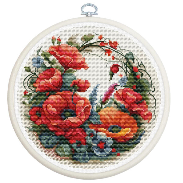 Luca-S counted cross stitch kit with hoop "Composition with poppies", 17x17cm, DIY