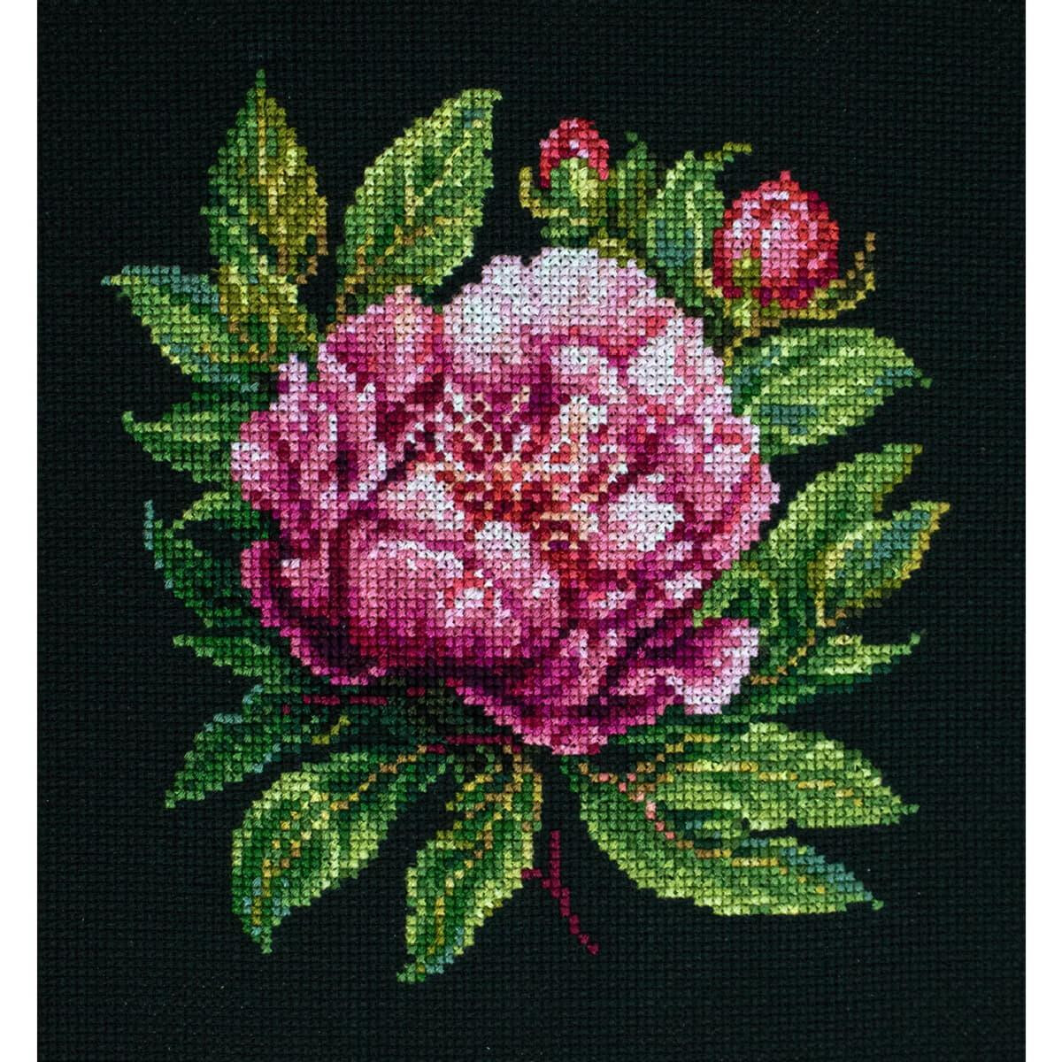 A detailed cross stitch design of a bright pink peony...