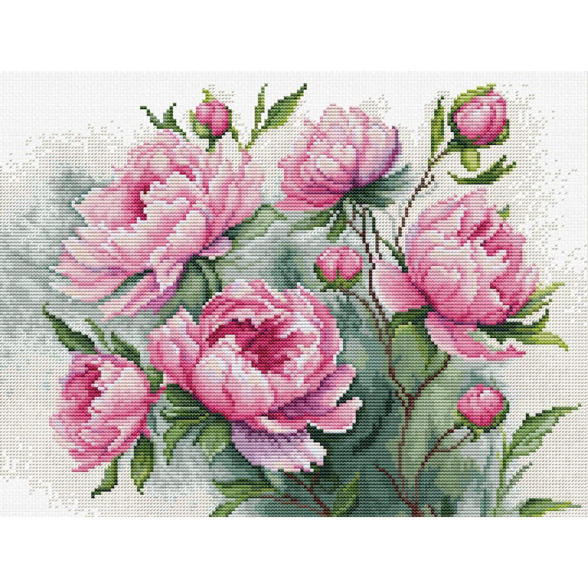 A detailed cross stitch design depicting a bouquet of...