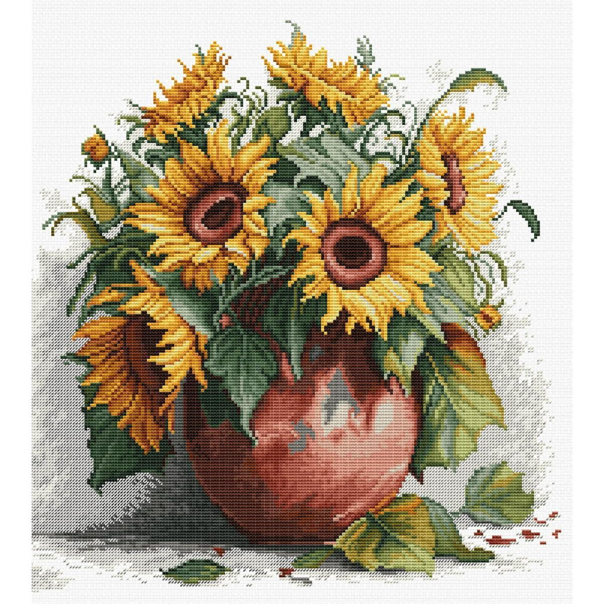 A detailed cross stitch of a terracotta vase full of...