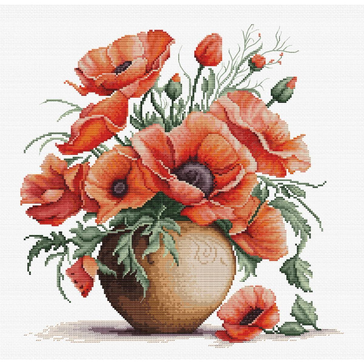 A detailed cross stitch illustration of a brown vase...