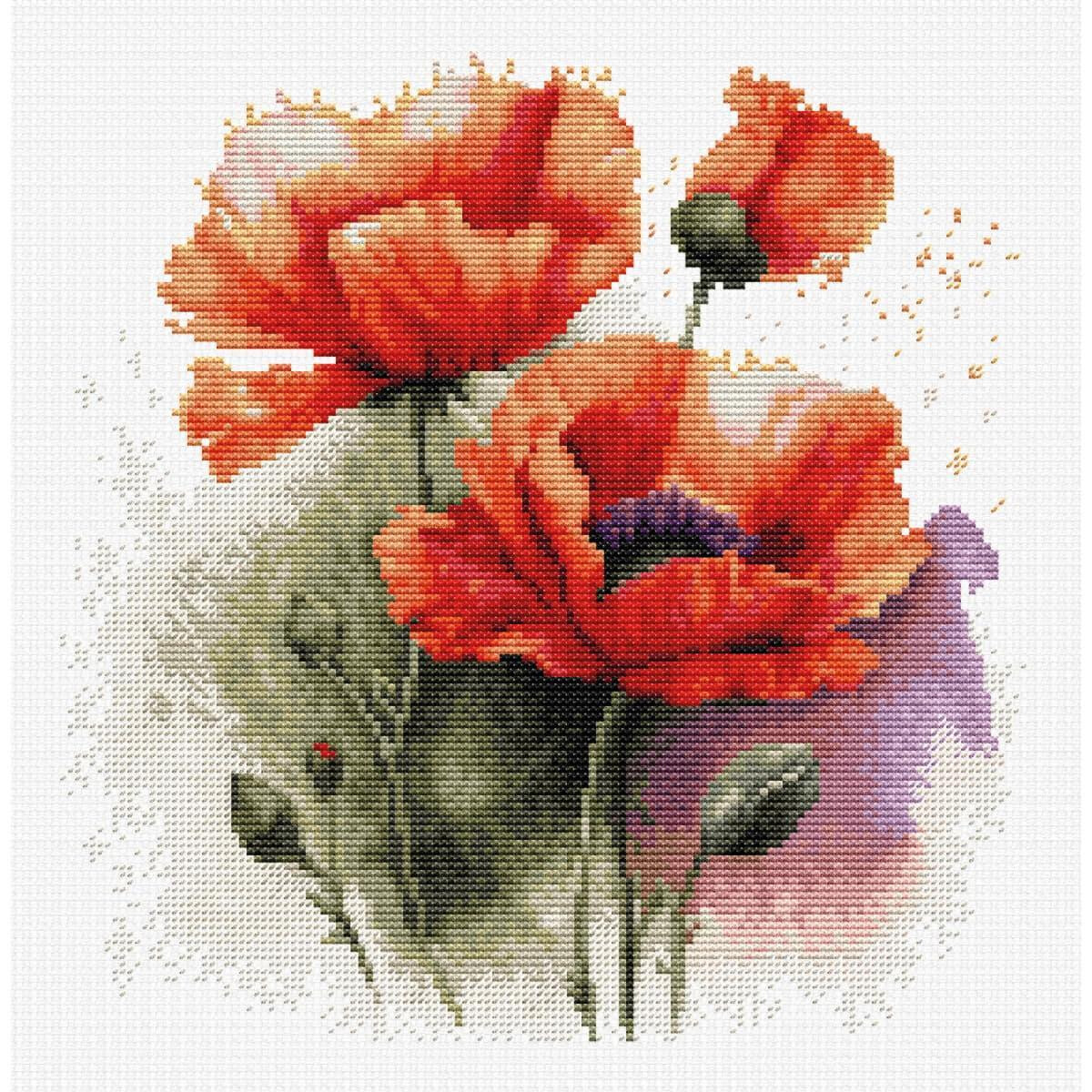 A detailed cross stitch depiction of bright red poppies...