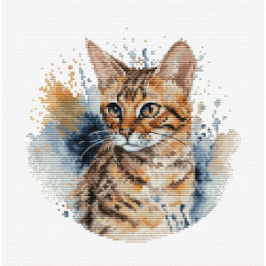 An embroidered artwork from a Luca-s embroidery pack features a cat with fur in shades of brown, black and white, with a lifelike expression and detailed facial features. The background features an abstract pattern of blue and orange stitches that creates a painterly effect on the white fabric canvas.