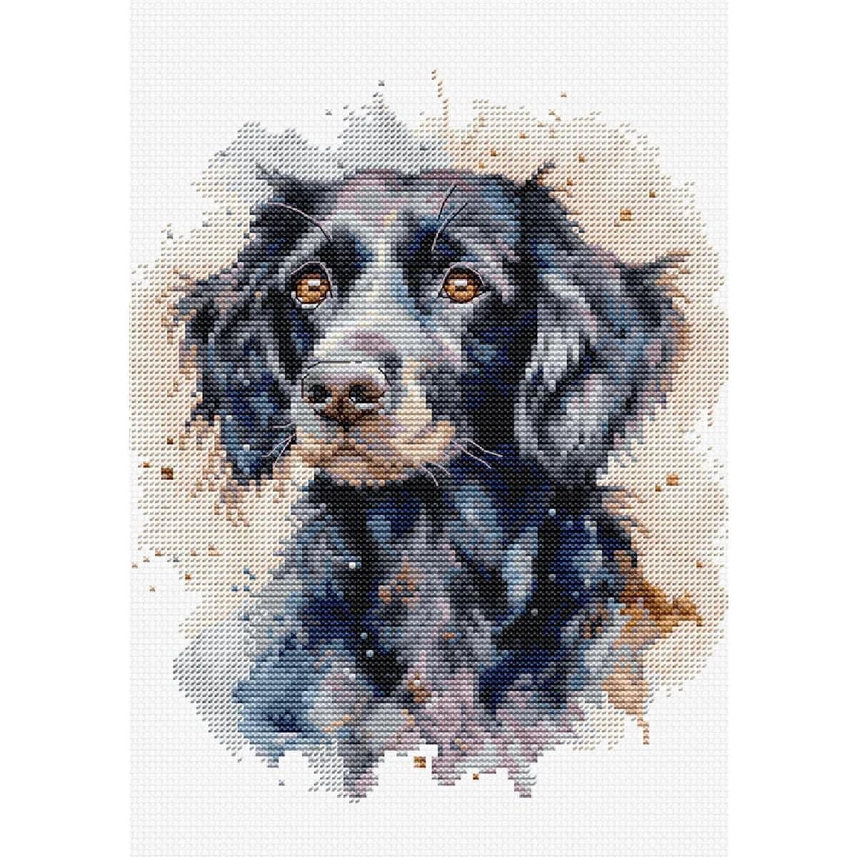 A detailed watercolor of a black dog with soulful eyes,...