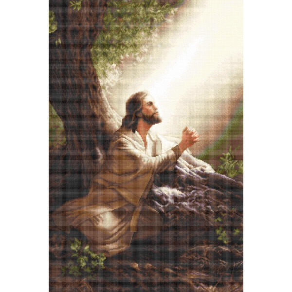 A tranquil image shows a man with long hair and beard, dressed in a robe and kneeling under a large tree with folded hands. He gazes upwards at a bright, ethereal light shining through the dense foliage. The scene resembles a detailed embroidery pack by Luca-s, with soft greens and complex textures.