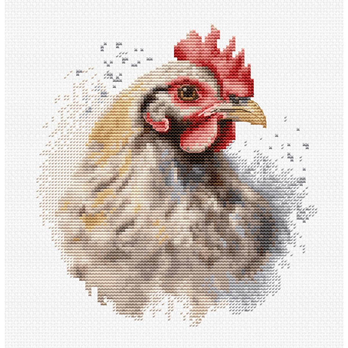 A detailed cross stitch of a roosters head. The rooster...