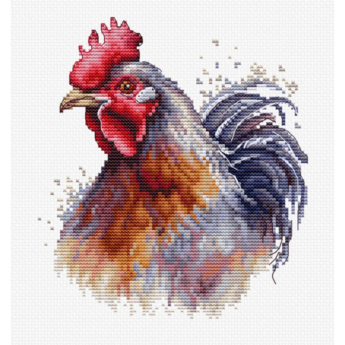 A detailed cross-stitch embroidery of a cockerel. The...