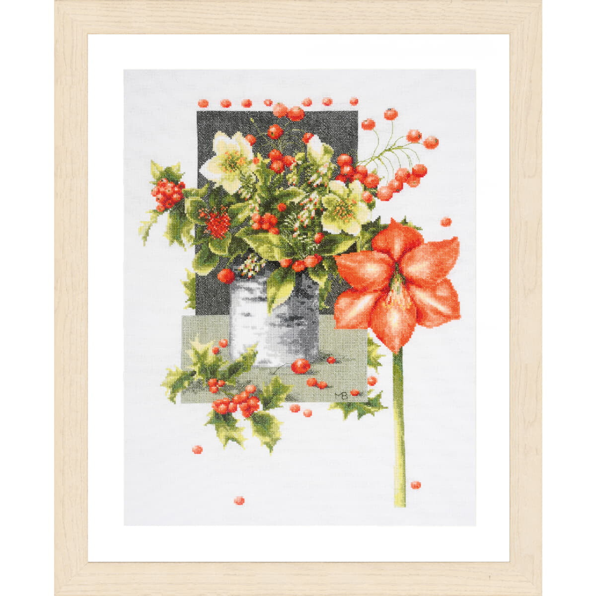 A framed artwork features a detailed botanical...