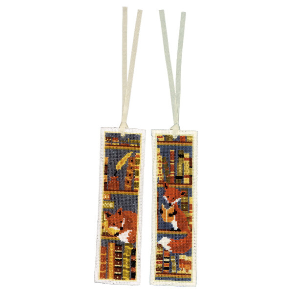 Vervaco bookmark counted cross stitch kit "Foxes in bookshelf" Stickpackung of 3, 6x20cm, DIY