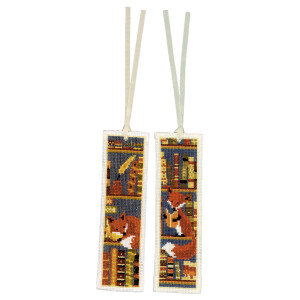 Vervaco bookmark counted cross stitch kit "Foxes in bookshelf" Stickpackung of 3, 6x20cm, DIY