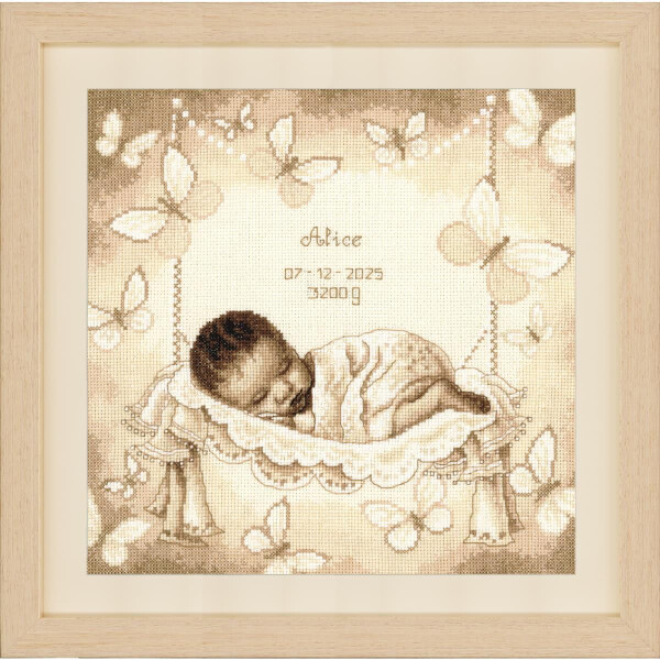 Vervaco counted cross stitch kit "Baby in hammock with butterflies", 28x28cm, DIY